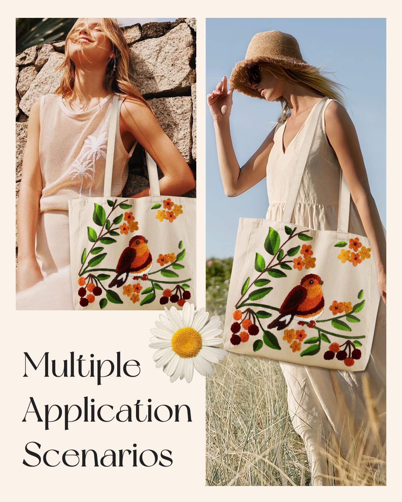 Daware Reusable Canvas Cloth Shoulder Bag with Cute 3d Bird Plants Embroidered