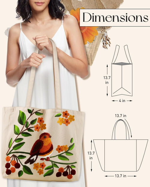 Daware Reusable Canvas Cloth Shoulder Bag with Cute 3d Bird Plants Embroidered