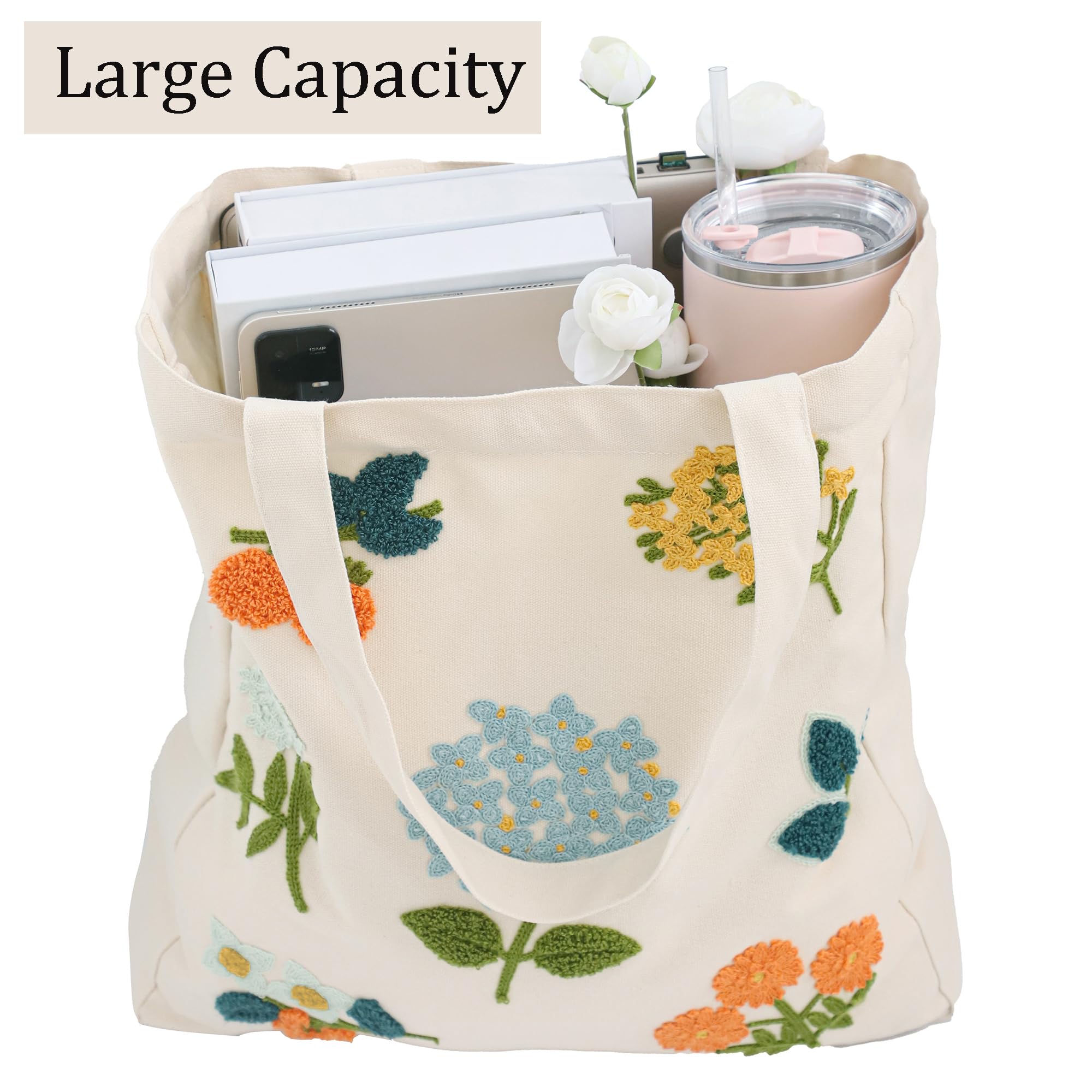 Daware Aesthetic Embroidery Canvas Tote Bag for Women Blue Hydrangea Flower