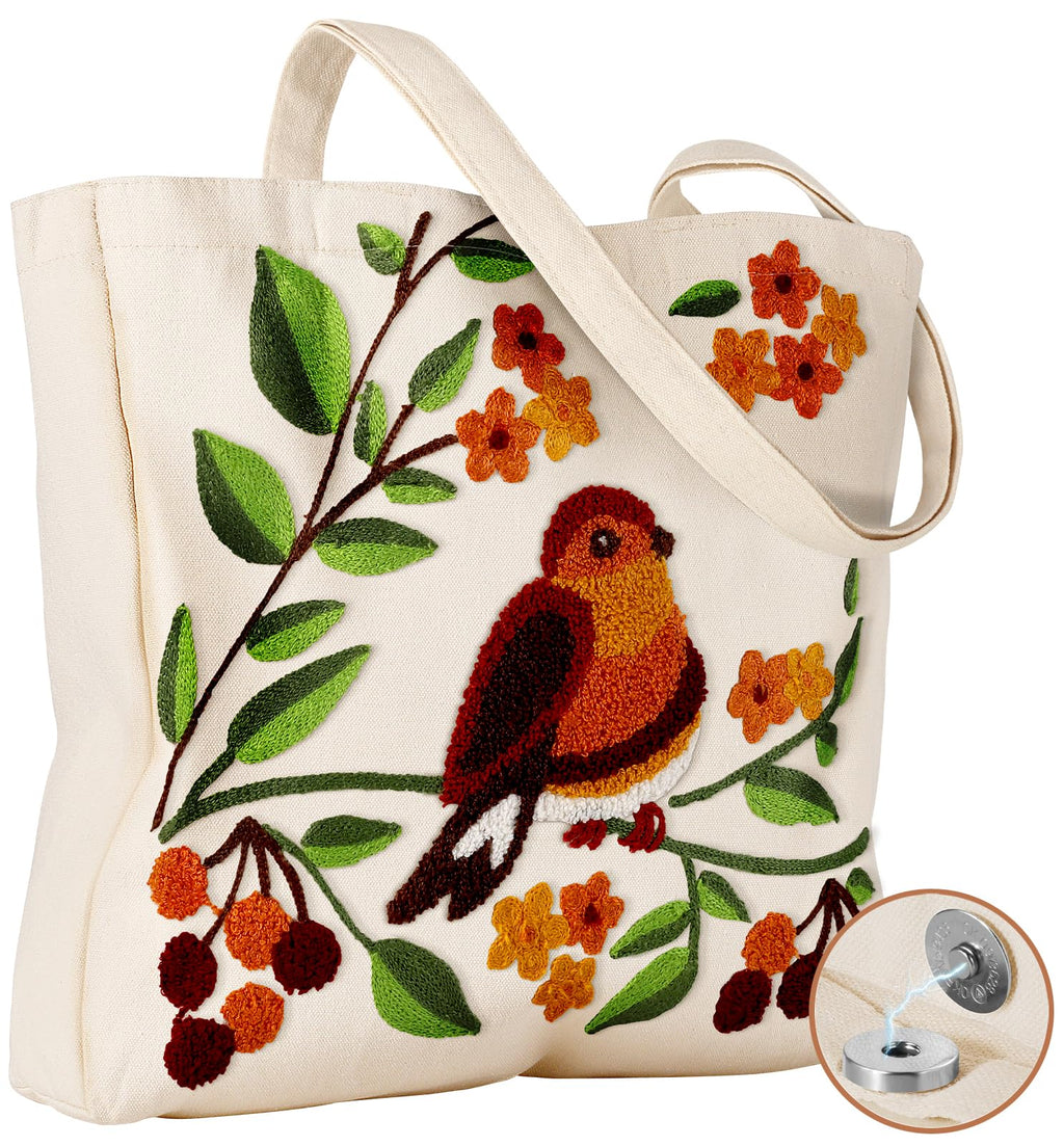 Daware Reusable Canvas Cloth Shoulder Bag with Cute 3d Bird Plants Embroidered