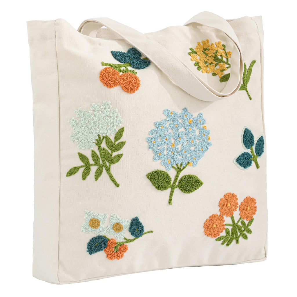 Daware Aesthetic Embroidery Canvas Tote Bag for Women Blue Hydrangea Flower