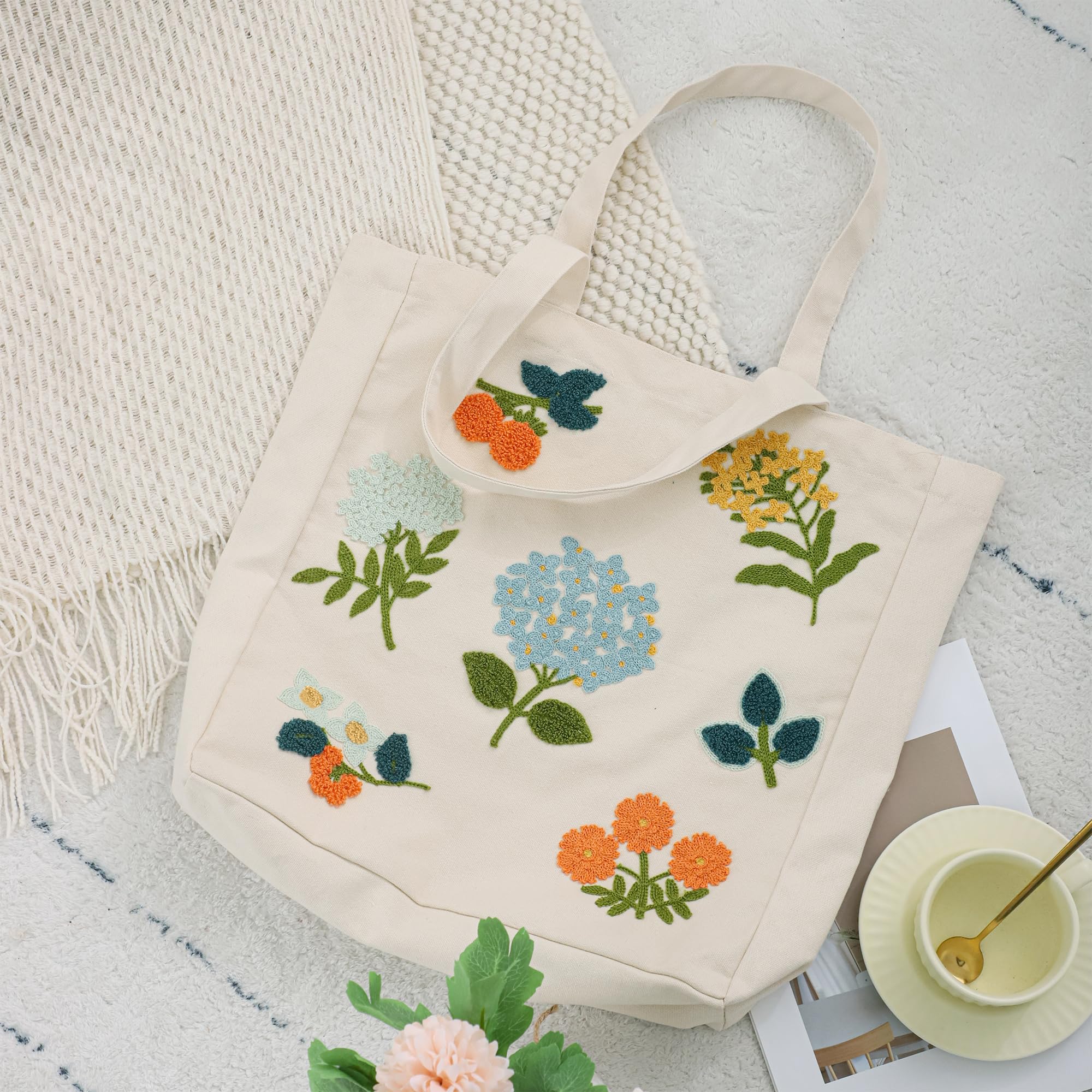 Daware Aesthetic Embroidery Canvas Tote Bag for Women Blue Hydrangea Flower